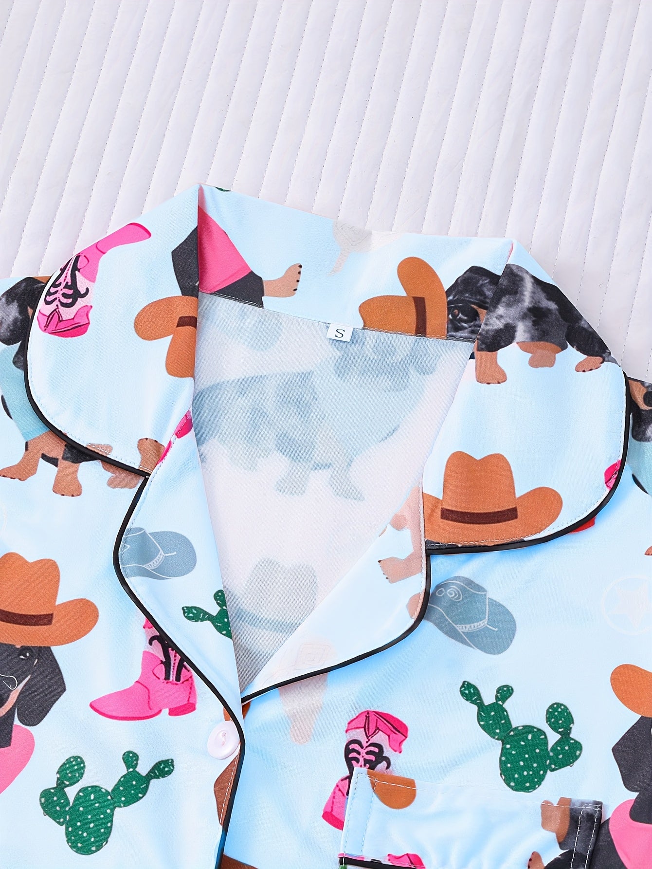Two-piece Cartoon Anime Pug Print Pajama Set Can Be Worn Outside, Short-sleeved Cardigan Lapel Top And Loose Elastic Shorts, Casual Four-season Women'S Pajamas And Home Clothes Set
