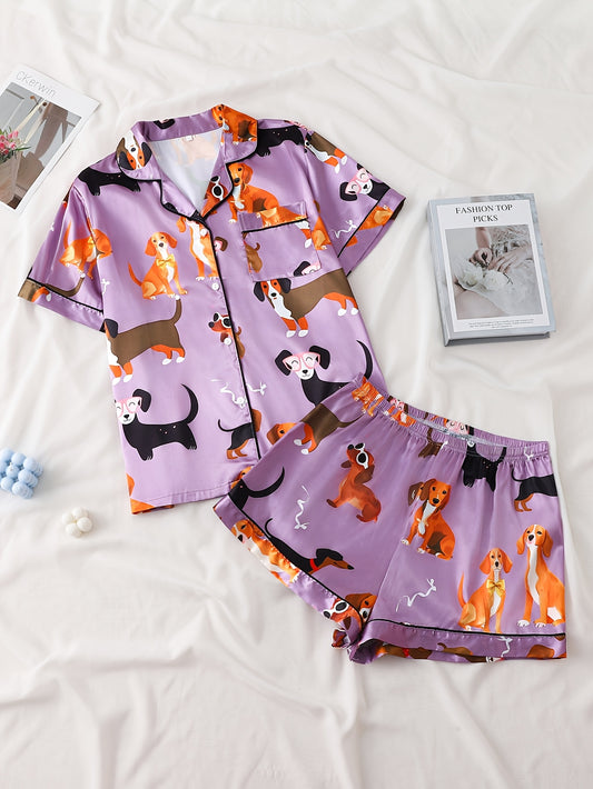 Ladies' Two-piece Satin Pajamas Set with Purple Puppy Pattern, Ladies' Two-piece Short-sleeved Stand-up Collar Top Matched with Shorts, Ladies' Pajamas for Home Wear, Two-piece Women's Set