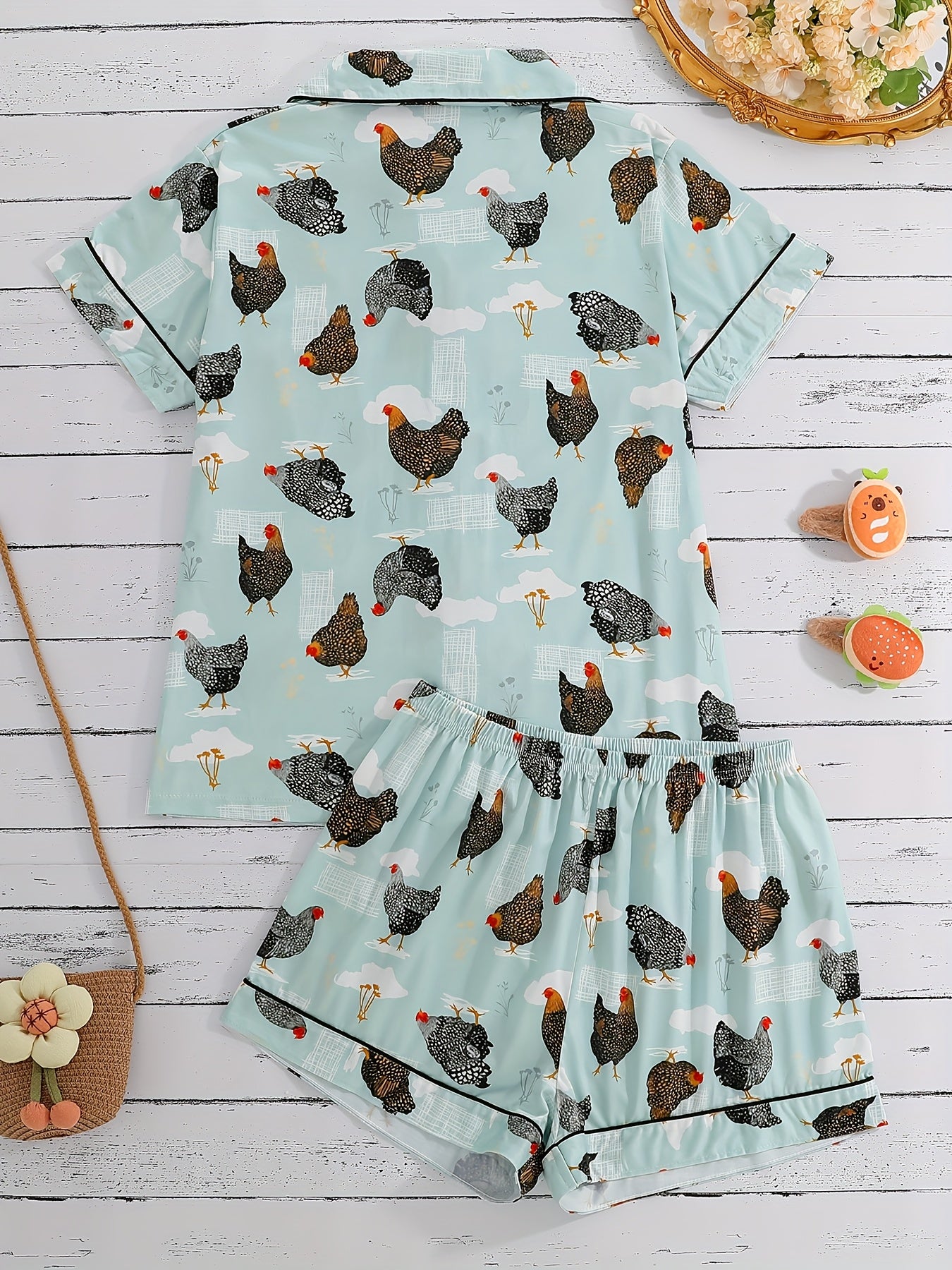 [Chicken Print Pajama Set] 2pcs Women's Chicken Print Pajama Set | Short Sleeve Shirt with Turn Buttons & Elastic Shorts, Casual Outdoor Home Comfortable Loungewear, All Season Summer Girlfriend