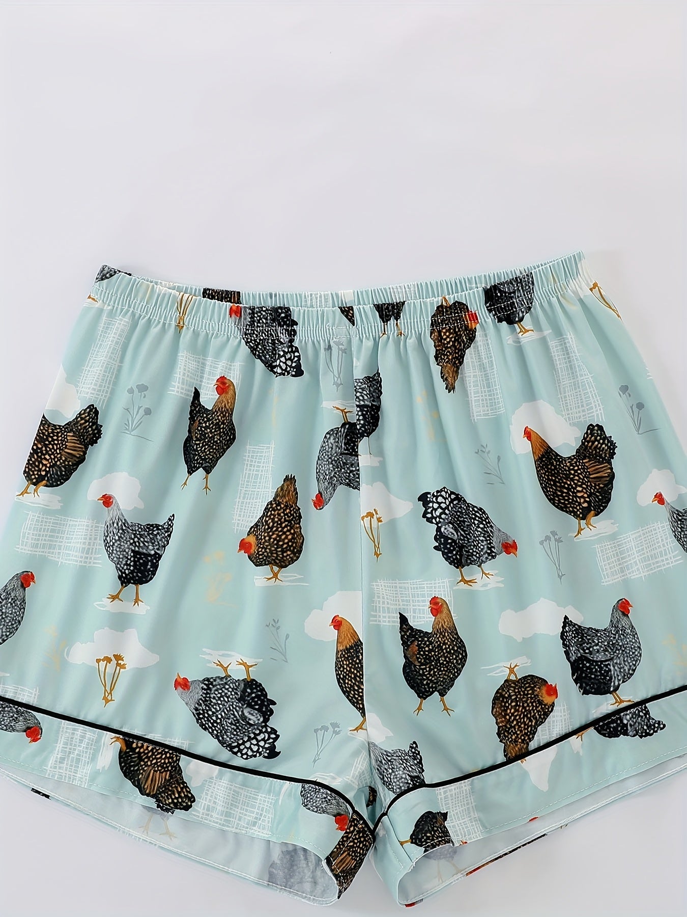 [Chicken Print Pajama Set] 2pcs Women's Chicken Print Pajama Set | Short Sleeve Shirt with Turn Buttons & Elastic Shorts, Casual Outdoor Home Comfortable Loungewear, All Season Summer Girlfriend
