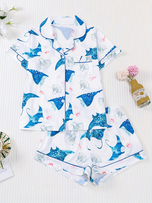 Two Piece Cardigan Short Sleeved Paired with Shorts Pajama Set, Ocean Dreamy Print, Suitable for All Seasons In Home Wear, Women's Lapel Home Wear