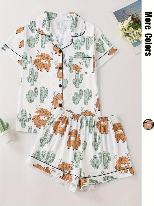 [1 Set Women's Pajamas] One Set Cactus Yak Pattern Elegant Women's Double Short Pajamas | Turned Collar Button Shirt and Loose Comfortable Shorts