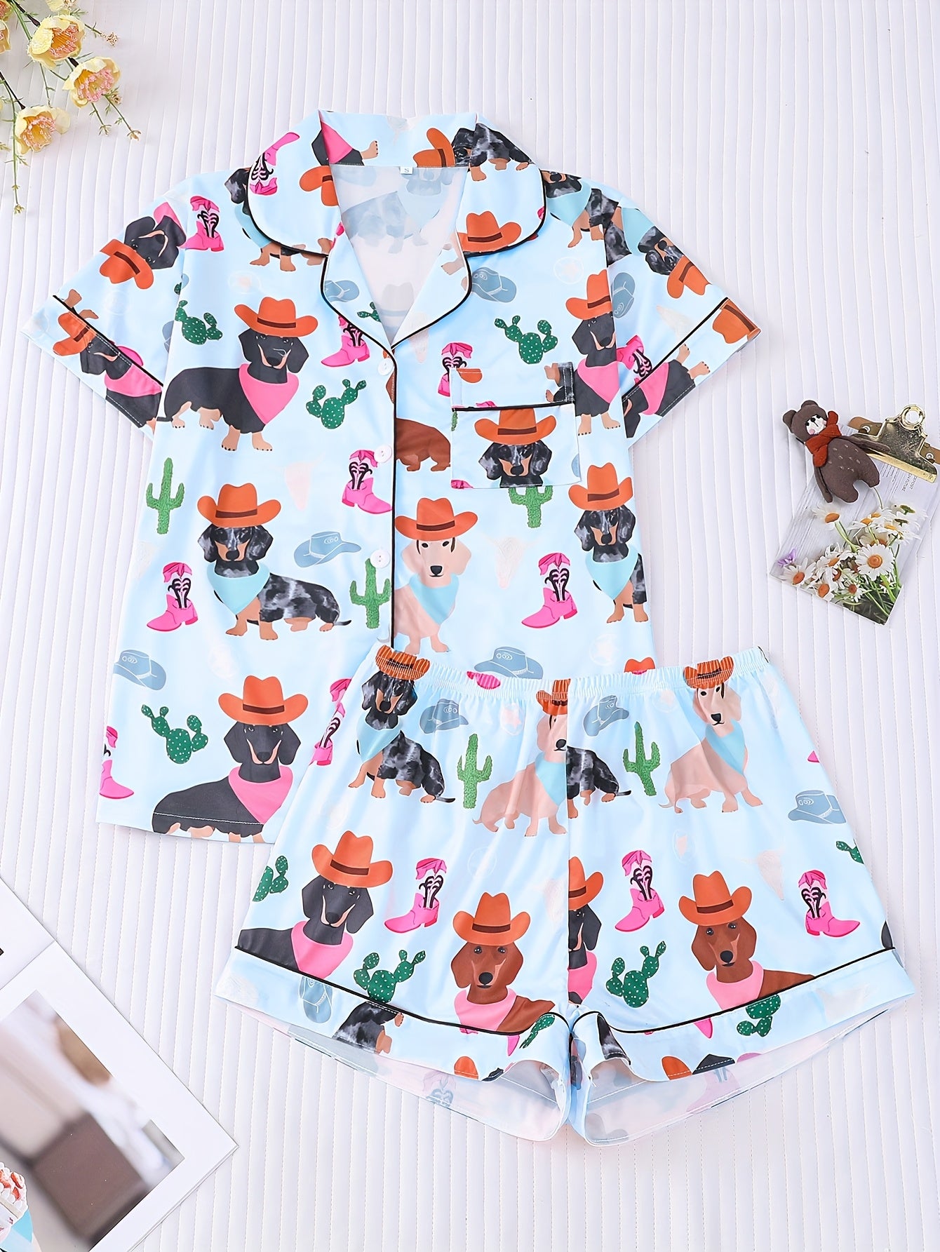 Two-piece Cartoon Anime Pug Print Pajama Set Can Be Worn Outside, Short-sleeved Cardigan Lapel Top And Loose Elastic Shorts, Casual Four-season Women'S Pajamas And Home Clothes Set