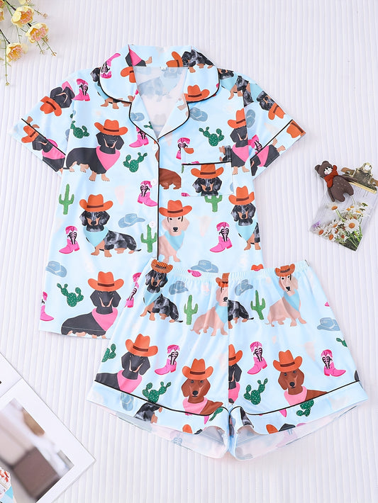 Two-piece Cartoon Anime Pug Print Pajama Set Can Be Worn Outside, Short-sleeved Cardigan Lapel Top And Loose Elastic Shorts, Casual Four-season Women'S Pajamas And Home Clothes Set