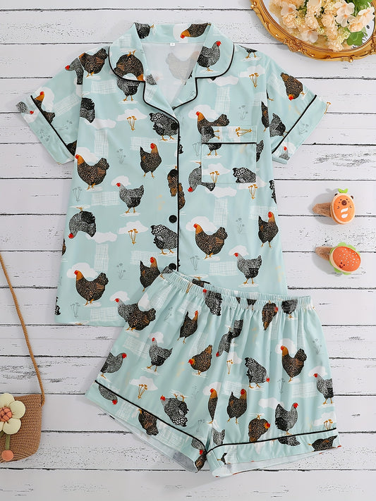 [Chicken Print Pajama Set] 2pcs Women's Chicken Print Pajama Set | Short Sleeve Shirt with Turn Buttons & Elastic Shorts, Casual Outdoor Home Comfortable Loungewear, All Season Summer Girlfriend