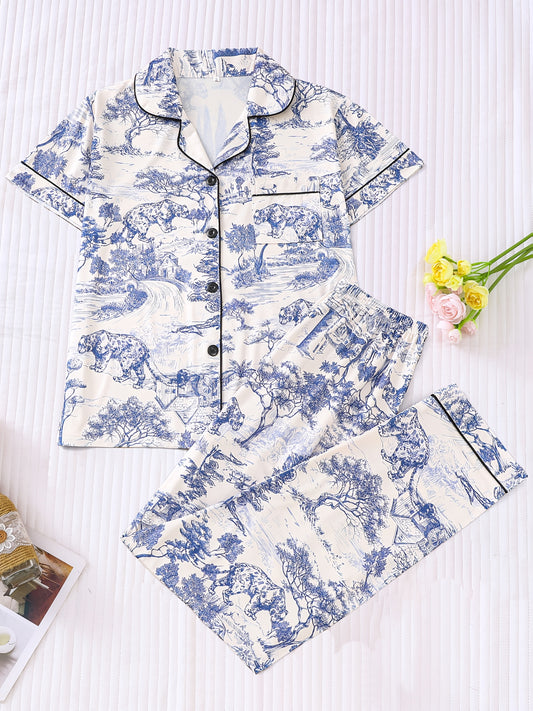 [Elegant Polyester Pajama] Soft Polyester Ladies' Elegant Pajama Set, Including Short Sleeved Button Up Top And Matching Pants, Comfortable to Wear, Full Body Landscape Pattern Print, Pocket Details, Suitable for Couples' Adult Pajama Set
