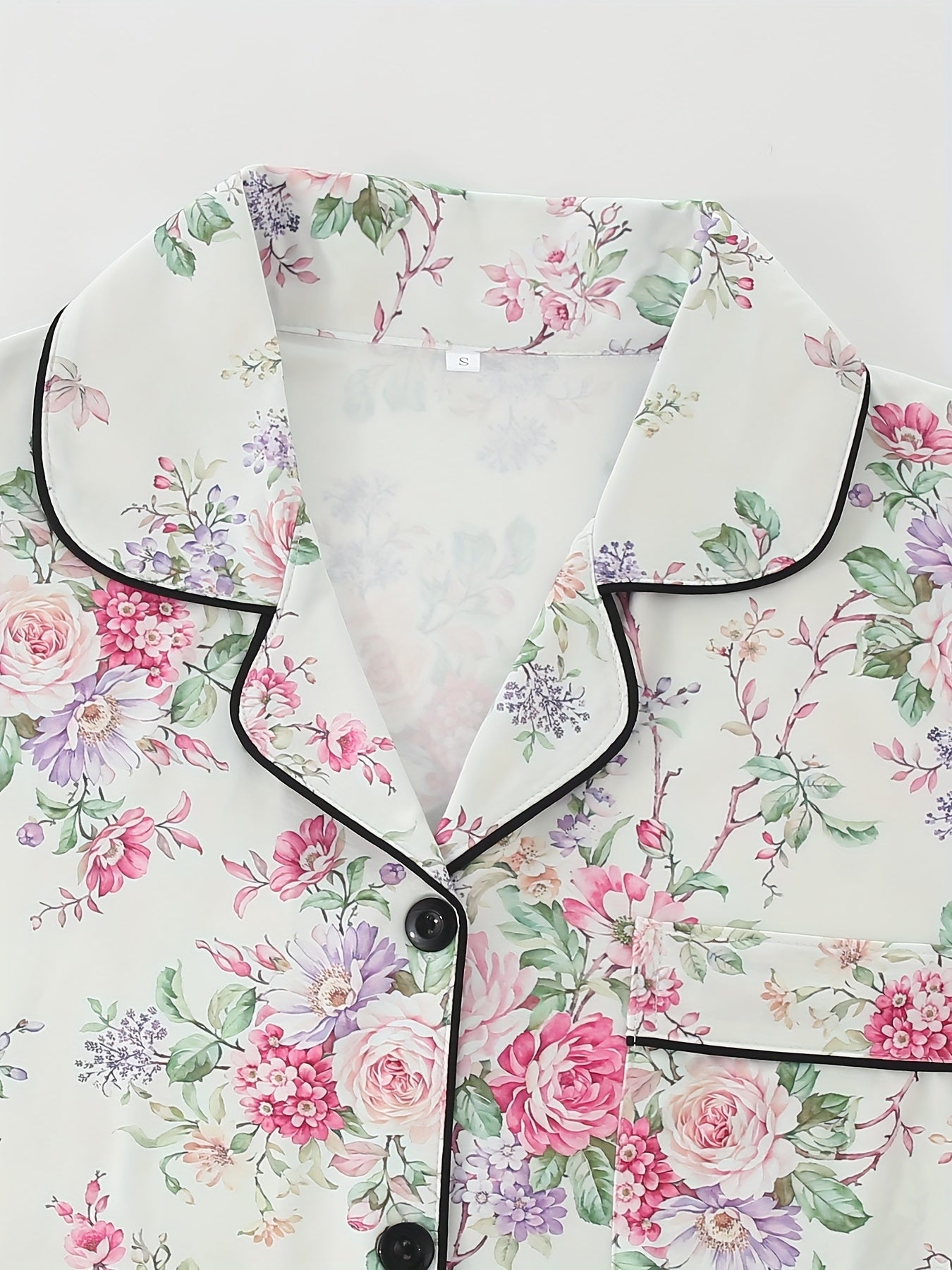 [Floral Pajama Set] Floral Pajama Set | Short-Sleeve Button-Up Top, Elastic Waist Shorts & Long Pants - Year-Round Casual Women's Sleepwear