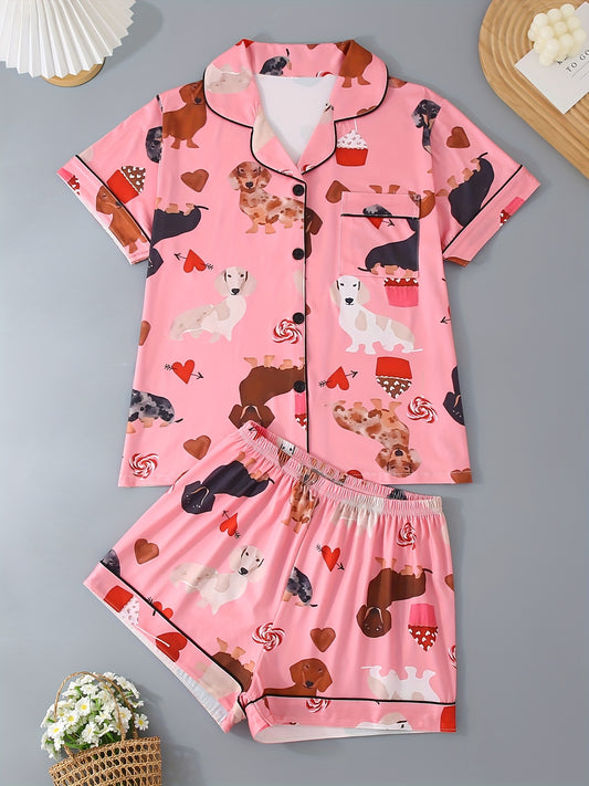 Summer Cool Short Sleeve 2pcs Set, Women's Pajama Suit, Shorts, Collar Buttoned Short Sleeves. Can be worn in all seasons, at home, comfortable and loose, cartoon casual dachshund pattern
