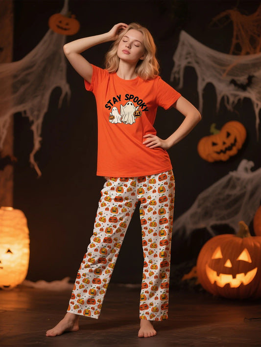 Halloween Pajama Set Orange Pumpkin and Print Stay Spooky for Women's Sleepwear