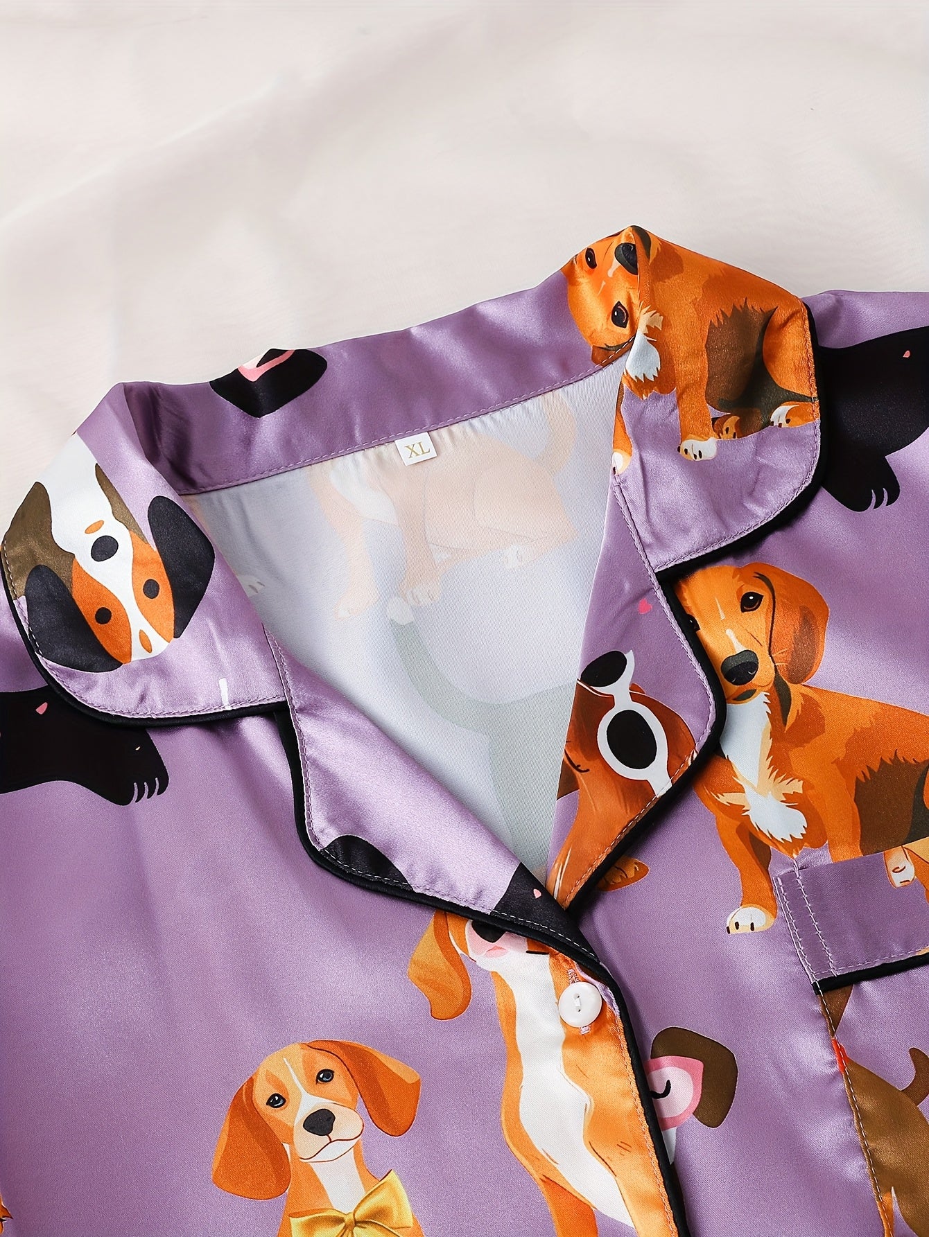 Ladies' Two-piece Satin Pajamas Set with Purple Puppy Pattern, Ladies' Two-piece Short-sleeved Stand-up Collar Top Matched with Shorts, Ladies' Pajamas for Home Wear, Two-piece Women's Set