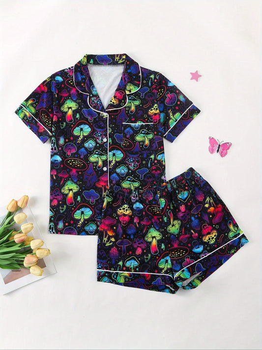 LISM Women'S Button Shirts, Women'S Neon Shirts, Hawaiian Shirts, Women'S Beach Shirts, Neon Home Wear, Casual Pajamas 2pcs Set, Short Sleeves+ Shorts, Colorful Mushroom Patterns, Halloween Pajama Party, Cute ' Pajamas Suitable for Daily Wea