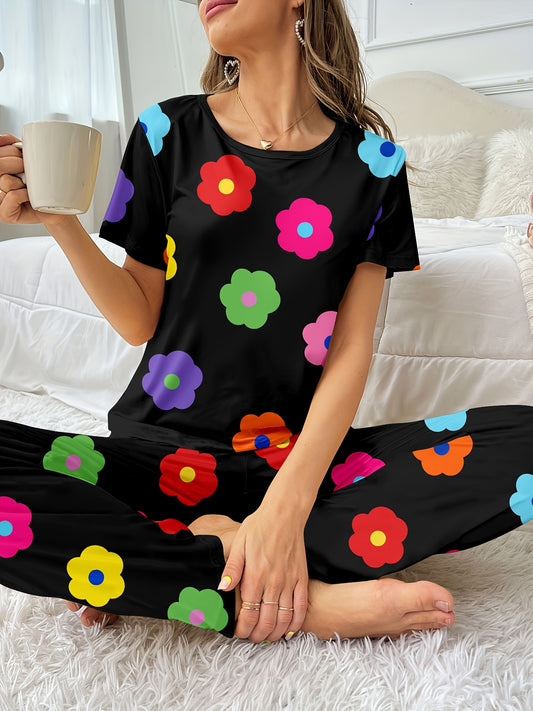 Women'S Casual Short Sleeve Pajama Set with Vibrant Floral Print - Black Polyester Blend, Round Neck, Comfortable for All Seasons, Relaxed Fit, Allseason Pajamas|Vibrant Print Top|Polyester Blend Pants, Pajama Set