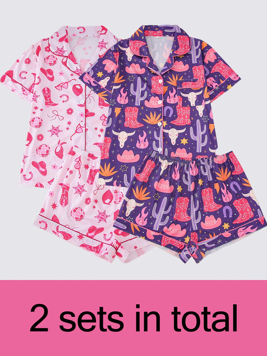 Two Sets Of Women's Sleepwear Sets, A Combination Of Women's Sleepwear Sets, Fabric, Short Sleeved Button Up Top And Matching Shorts, Full Body Print, Collar And Pocket Details, Suitable for Women's Adult Sleepwear Sets