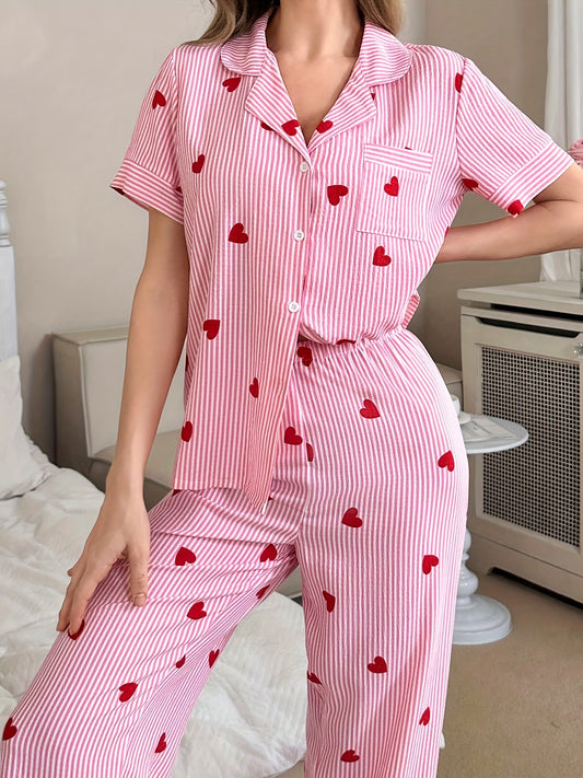 Heart-shaped Printed Pajama Set, Short-sleeved Button Shirt And Stretch Trousers, Polyester Pajama Set, Machine Washable