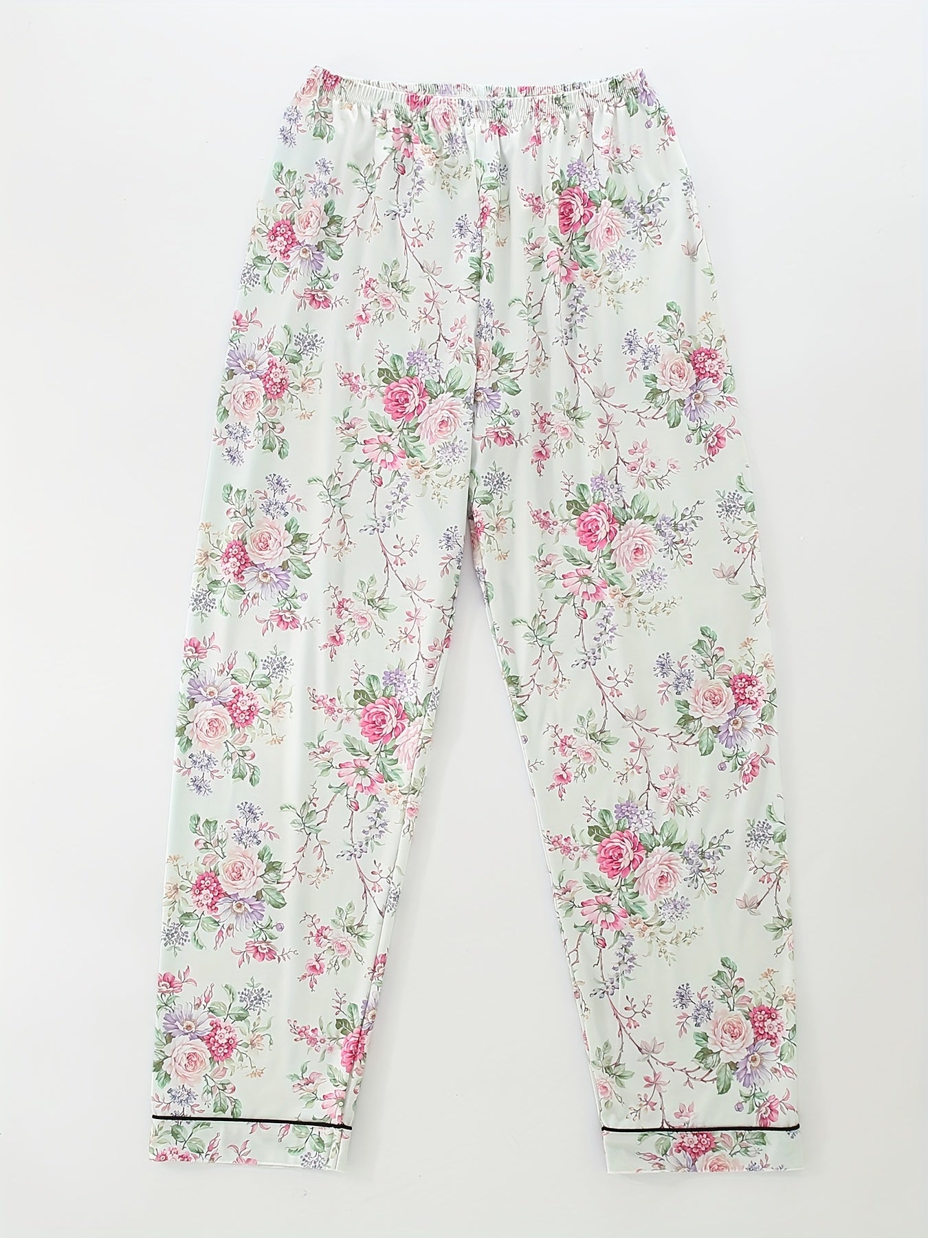 [Floral Pajama Set] Floral Pajama Set | Short-Sleeve Button-Up Top, Elastic Waist Shorts & Long Pants - Year-Round Casual Women's Sleepwear