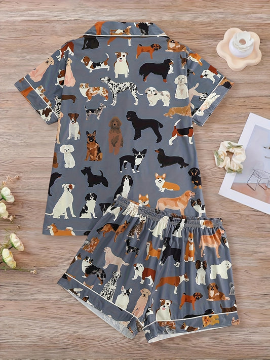 2pcs Women'S Pajama Set, Deep Grey Dog Print Short Sleeve Button- Shirt with Loose Elastic Shorts, Casual Comfortable Women'S Loungewear, Suitable for Summer, All-Year Wear