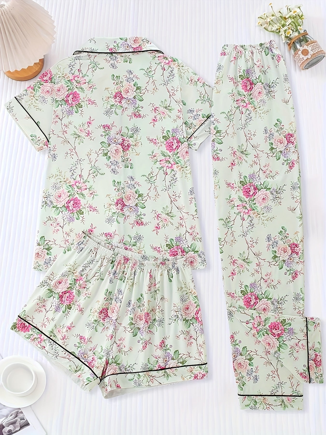 [Floral Pajama Set] Floral Pajama Set | Short-Sleeve Button-Up Top, Elastic Waist Shorts & Long Pants - Year-Round Casual Women's Sleepwear
